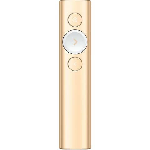 Презентер Logitech Spotlight Gold (золотистый, Bluetooth/2.4 GHz, перезаряжаемая литий-полимерная батарея 85мАч, 3D-акселерометр, гироскоп, кабель для зарядки, чехол)