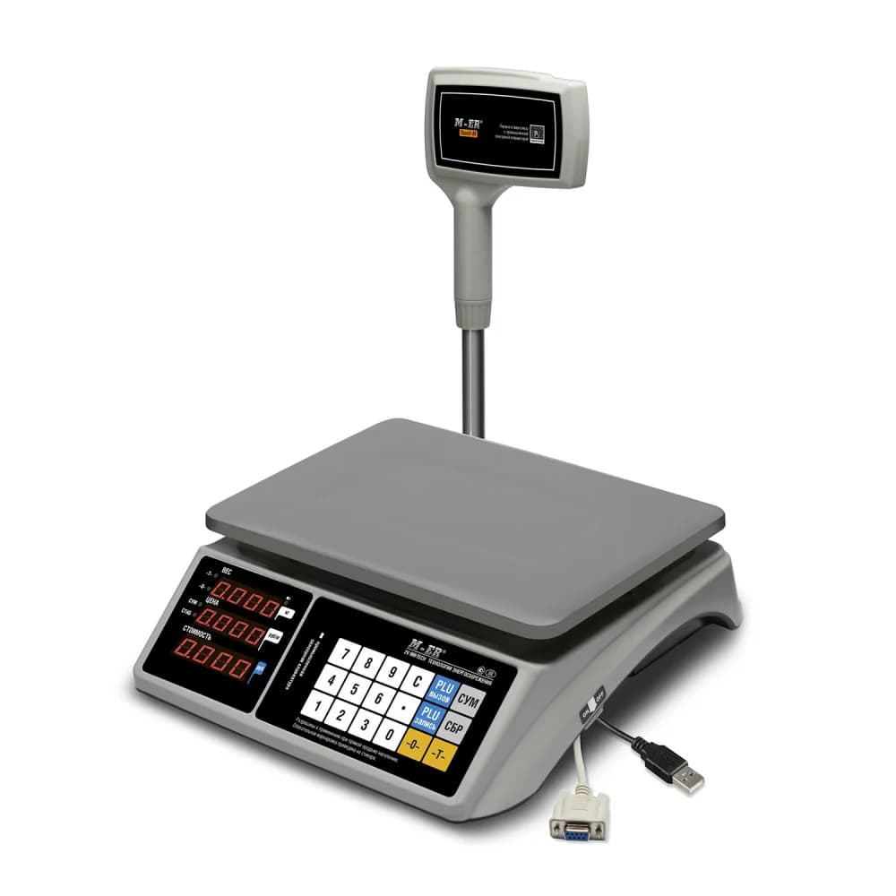 Торговые настольные весы M-ER 328 ACPX-6.1 "TOUCH-M" LED RS232 и USB "Интерфейс: RS232 и USB Индикация: Светодиодный Габариты: 350х390х590 мм Платформа: 325x230 мм Питание: адаптер+аккумулятор Макси