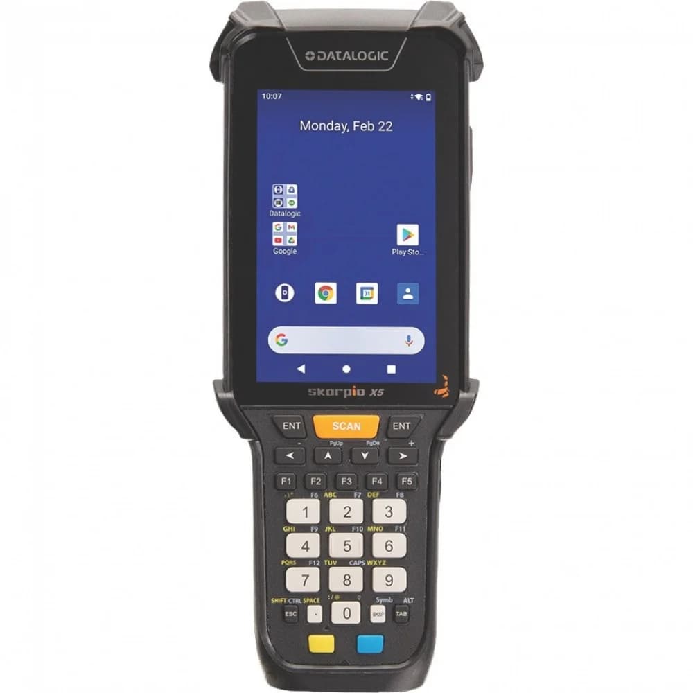 Skorpio X5 Pistol Grip, 802.11 a/b/g/n/ac, 4.3" display, BT V5, 4GB RAM/64GB Flash, 28-Key Numeric, 2D Imager SR w Green Spot, Android 10, with Extended Battery