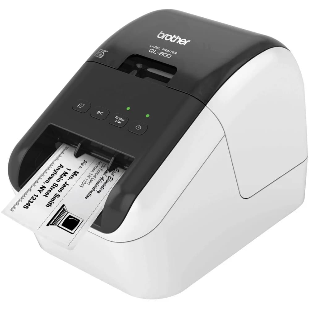 Принтер для этикеток Brother QL-800 с USB для ПК и Mac. Печать черного и красного текста. Печатает наклейки шириной до 62 мм.