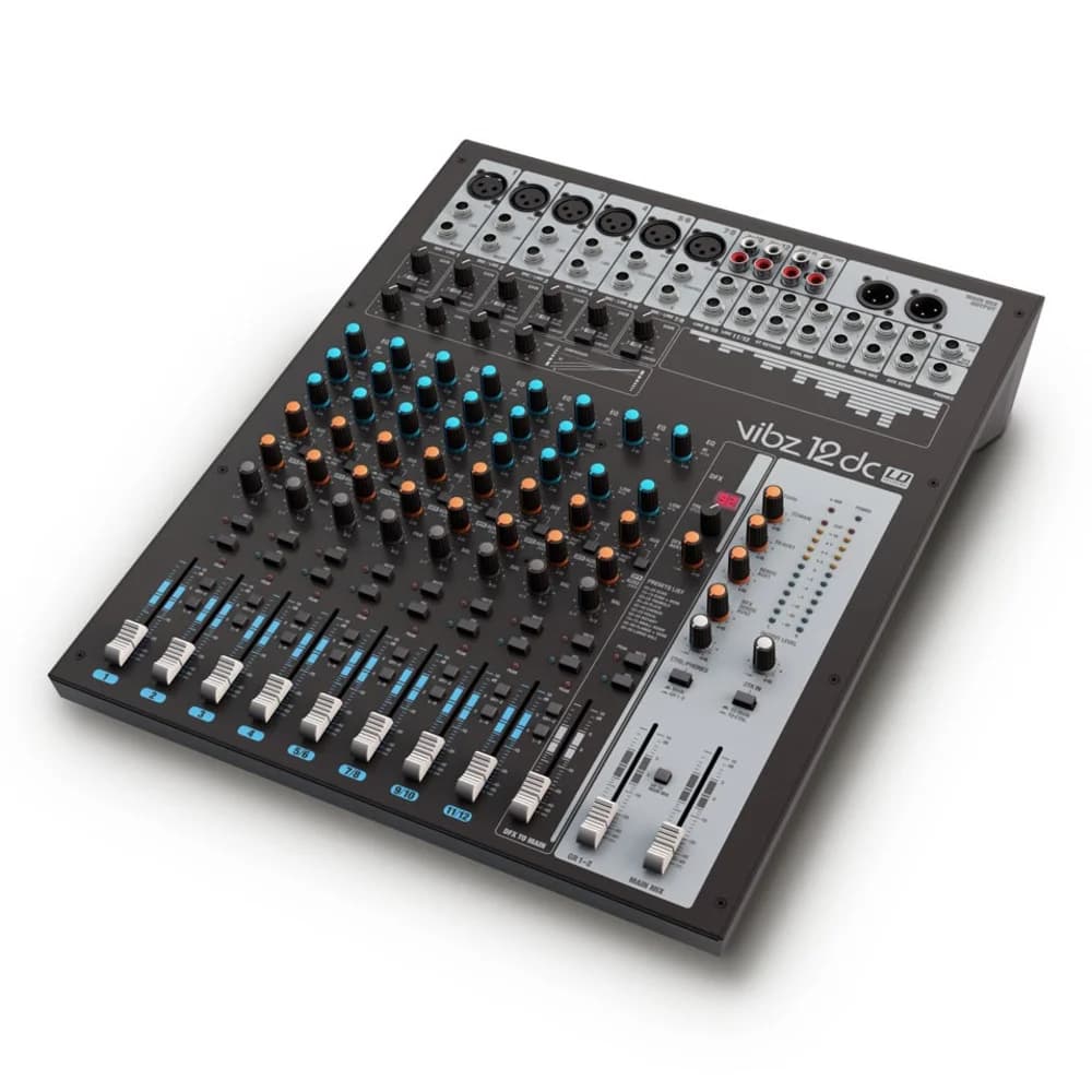 LD SYSTEMS Микшер LDVIBZ12DC Микшерный пульт на 12 каналов. Секция цифровых эффектов с 100 предустановками. 6 микрофонных каналов, 4 линейных стерео входа, эффективный 3-полосный контроль тона, 2 ст