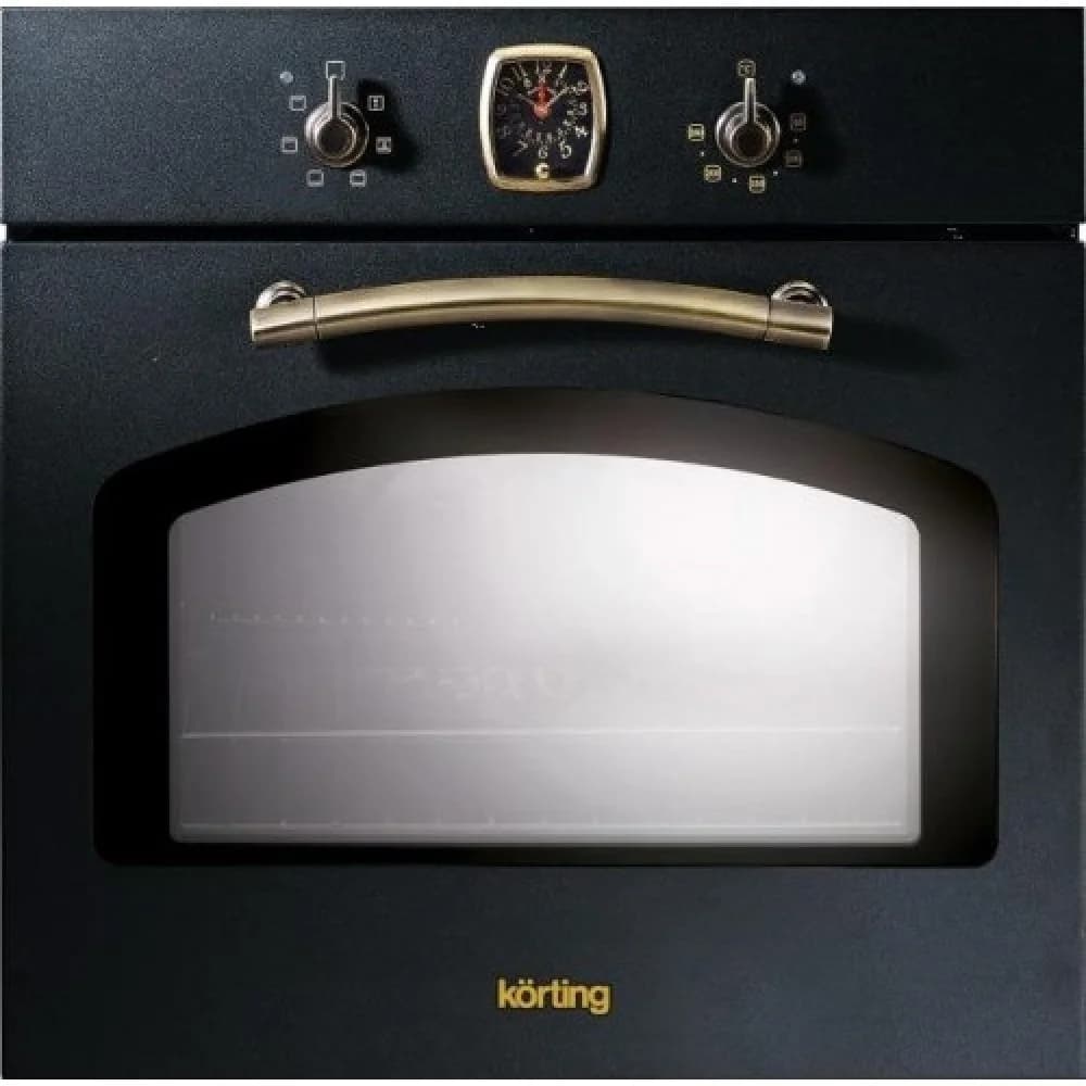Встраиваемые электрические духовки Korting/ Retro Calabria, 59.8 х 59.5 x 56 см, 6 режимов нагрева, аналоговые часы в классическом стиле Frank Muller, таймер, черный+бронза