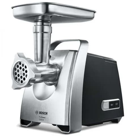 Мясорубка BOSCH MFW68640 800/2200Вт, 4.3 кг/мин., черный/метал фронт, реверс, отсек для хран., 3 диска, кебаб