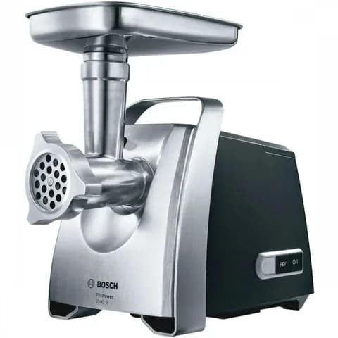 Мясорубка BOSCH/ РОЗНИЧНЫЙ ЭКСКЛЮЗИВ!! 800/2200Вт, 4.3 кг/мин., черный/метал фронт, реверс, отсек для хран., 3 диска, кебаб, колбас