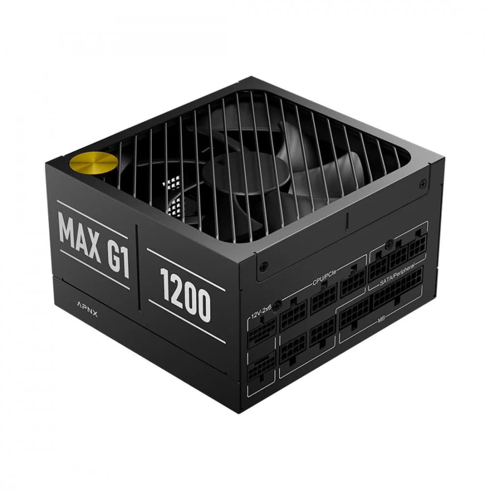 Блок питания, APNX, MAX G1, 1200W, ATX 3.1, Gold, APFC, 20+4pin, 2*4+4pin, 10*Sata, 2*Molex, 3*PCI-E 6+2pin, 2*12V-2X6, Модульный, Вентилятор 13,5 см, Кабель питания, Чёрный