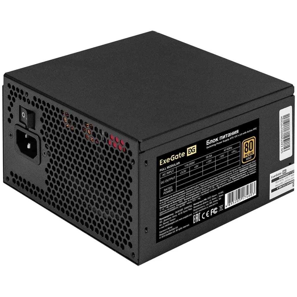 Блок питания 1000W ExeGate 80 PLUS® GOLD 1000VSP FС (ATX3.0, APFC, КПД 90% (80 PLUS GOLD), 120mm fan, 24pin, 2x(4+4)pin, PCIE5.0/12VHPWR, 4xPCI-E, 6xSATA, 3xIDE, 1xFDD, Full Cable Management, black,