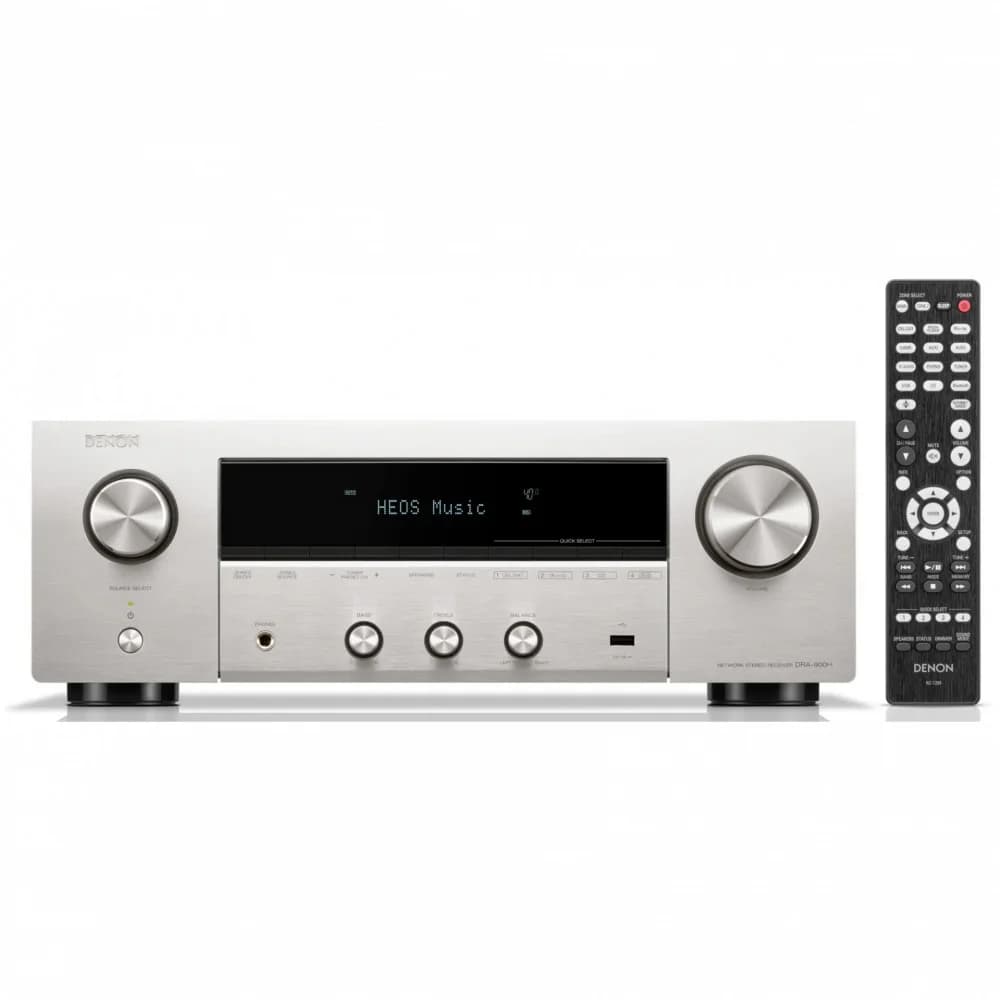 DENON Стерео ресивер DRA900H СЕРЕБРО Стереоресивер 2.2 с поддержкой 8K Ultra HD и встроенным ММ-фонокорректором, мощность 2 х 100 Вт (8 Ом), 6 входов и 1 выходов HDMI, мультирум HEOS, AirPlay 2, габ