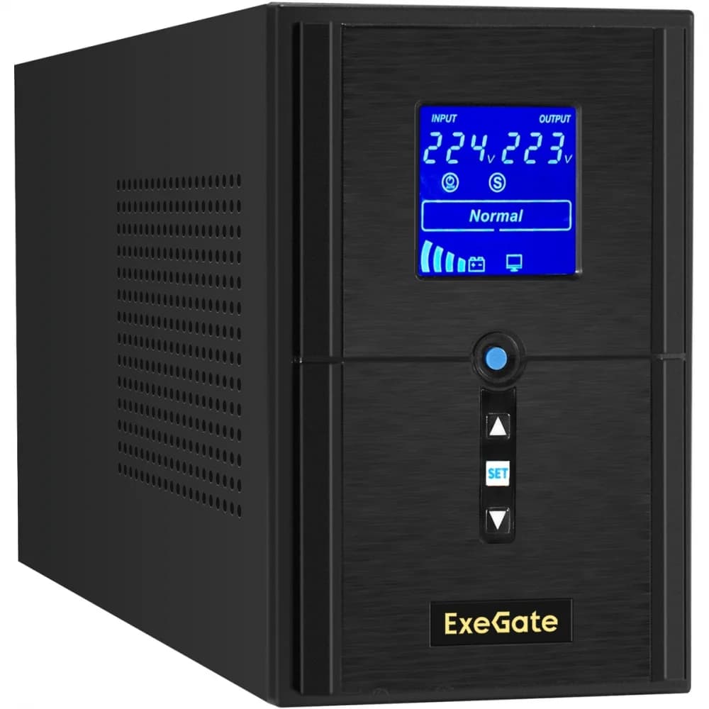 ИБП (инвертор, синус, для котла) ExeGate SineTower SZ-1000.LCD.AVR.2SH.1C13.USB <1000VA/800W, чистая синусоида, LCD дисплей, AVR, 2*Schuko+1*C13, USB, линейно-интерактивный, внешняя батарея 24В до 2