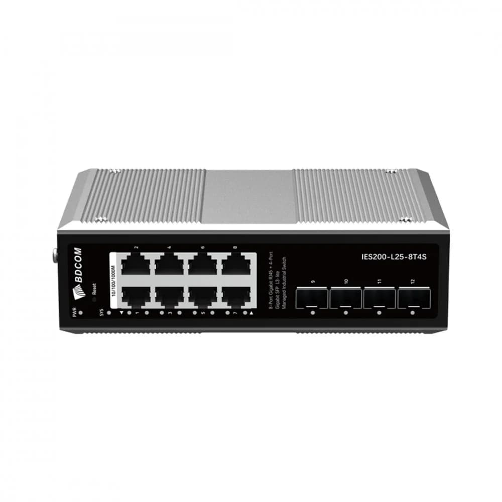 Коммутатор, BDCOM, IES200-L25-8T4S, Управляемый L3-lite, 8 портов 10/100/1000 RJ45, 4 порта SFP, DC 12-55В Dual RPS, вход DC12V, -40+75°C, DIN-rail
