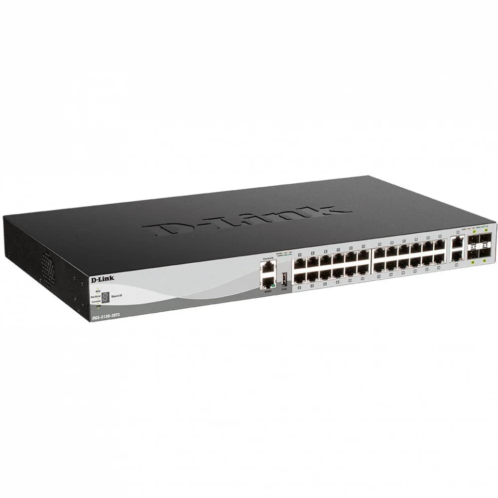 D-Link DGS-3130-30TS/B1A, PROJ L2+ Managed Switch with 24 10/100/1000Base-T ports and 2 10GBase-T ports and 4 10GBase-X SFP+ ports.16K Mac address, SIM, USB port, IPv6, SSL v3, 802.1Q VLAN,GVRP, 80