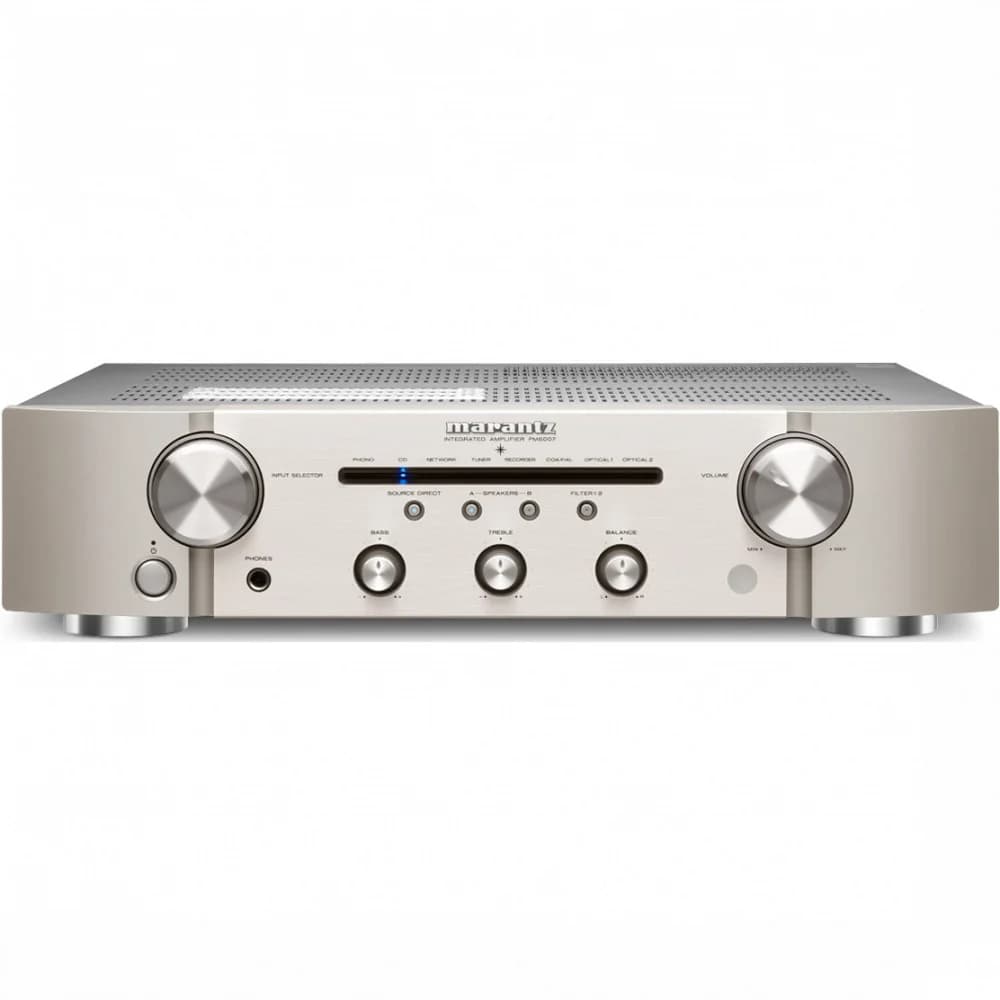 MARANTZ Усилитель PM6007 СЕРЕБРО Интегральный усилитель с цифровыми входами и ММ-фокорректором, мощность 2 х 45 Вт (8 Ом), класс AB, входы: 4 RCA, MM-фонокорректор, коаксиальный, 2 оптических, габар