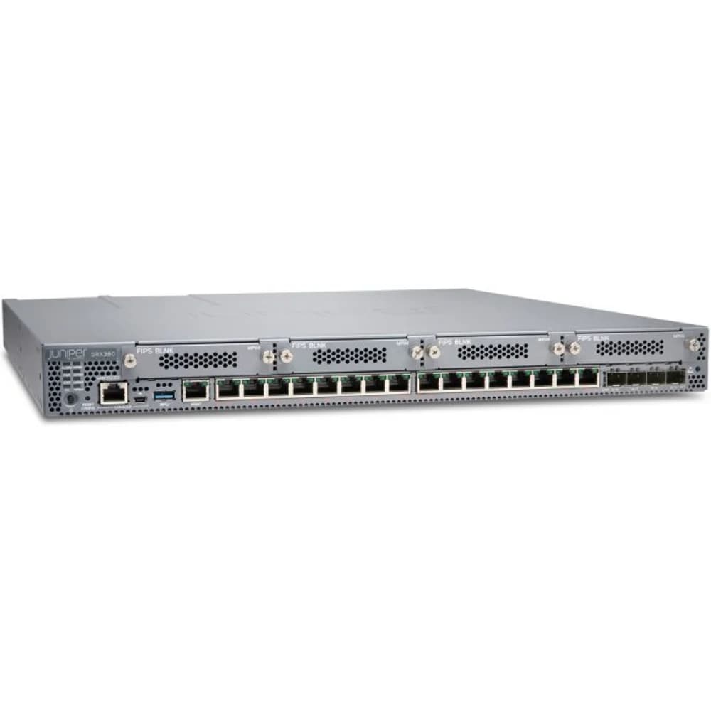 SRX380-P-SYS-JB-AC Маршрутизатор SRX380 Services Gateway includes hardware (16GE POE+, 4x10GE SFP+, 4x MPIM slots, 4G RAM, 100GB SSD, Single AC power supply, cable and RMK) and Junos Software Base (