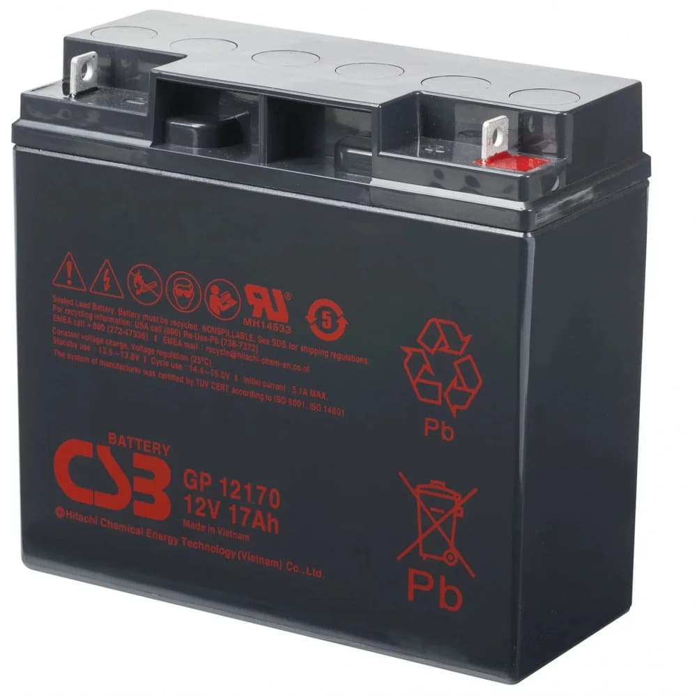Battery CSB series GP, GP12170 B3, voltage 12V, capacity 17Ah (discharge 20 hours), max. discharge current (5 sec.) 230A, short circuit current 532A, max. charge current 5.1A, lead-acid type AGM, te