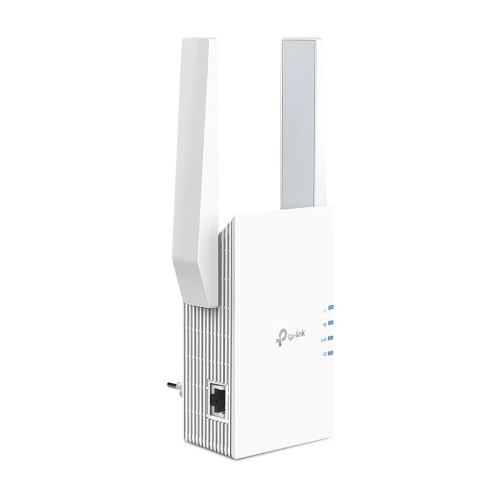TP-Link RE705X, AX3000 Усилитель сигнала Wi-Fi 6, до 574 Мбит/с на 2,4 ГГц + до 2402 Мбит/с на 5 ГГц, 2 внеш. антенны, 1 гигабитный порт, подключение к настенной розетке