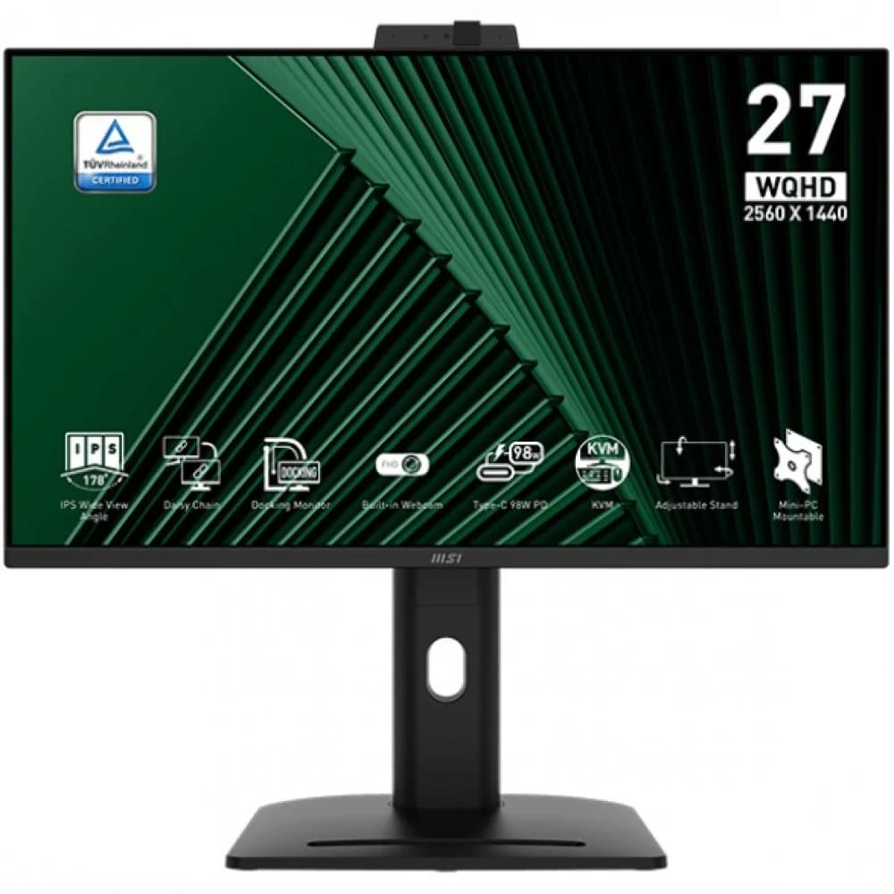 MSI PRO MP275QPDG 27" 16:9 WQHD(2560x1440) IPS Flat, WebCam FHD, 1ms(MPRT), 1300:1,100M:1,250nit,178/178,2xHDMI,DP,USB-C,USB-B, 4xUSB-A,RJ-45,Speaker,Tilt,Swivel,Height,Pivot 100HZ,Black,1y war-ty