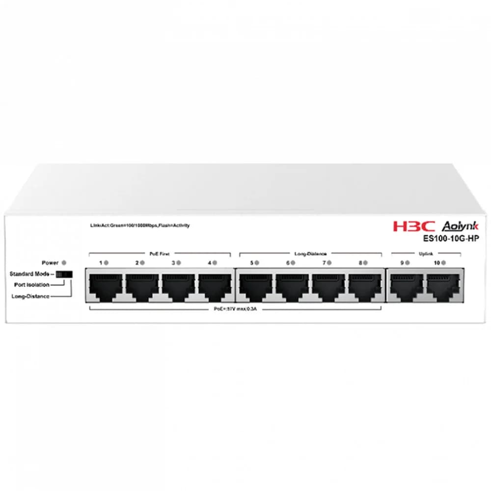 Коммутатор, H3C, Aolynk ES100-10G-HP, Неуправляемый, 2 uplink порта, 8 порта 10/100/1000Base RJ45 4 PoE+, DIP переключатель режимов, Настольный, 802.3af/at, бюджет 120W