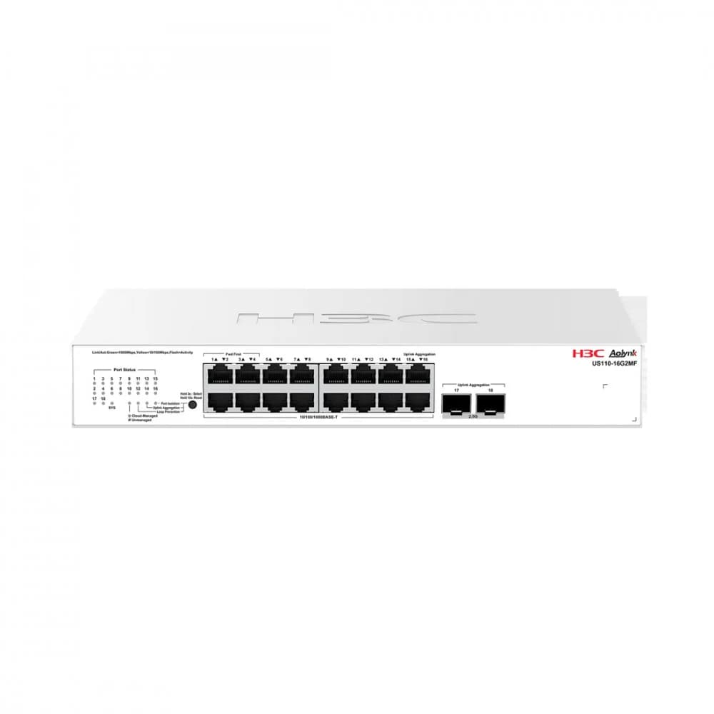 Коммутатор, H3C, Aolynk US110-16G2MF, Управляемый L2, 16 портов Ethernet 10/100/1000 Base-T, 2 порта SFP 2,5G/1G, Кнопочный переключатель - переключатель режимов, Стоечный