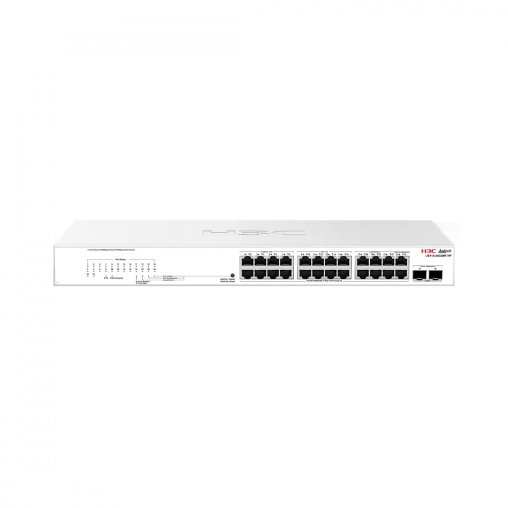 Коммутатор, H3C, Aolynk US110-24G2MF-HP, Управляемый L2, 24 порта Ethernet 10/100/1000 Base-T PoE+, 2 порта SFP 2,5G/1G, Кнопочный переключатель - переключатель режимов, Стоечный, 802.3af/at, бюджет