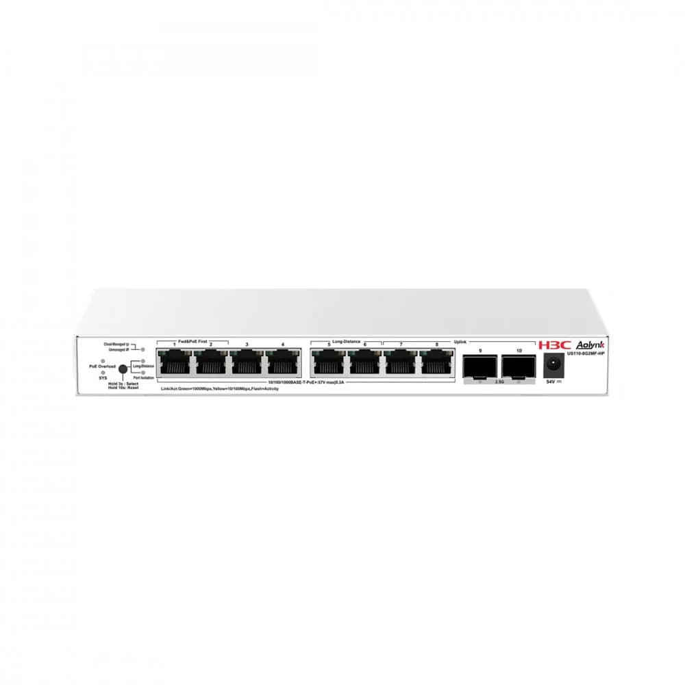 Коммутатор, H3C, Aolynk US110-8G2MF-HP, Управляемый L2, 8 портов Ethernet 10/100/1000 Base-T PoE+, 2 порта SFP 2,5G/1G, Кнопочный переключатель - переключатель режимов, Настольный, настенный, 802.3a