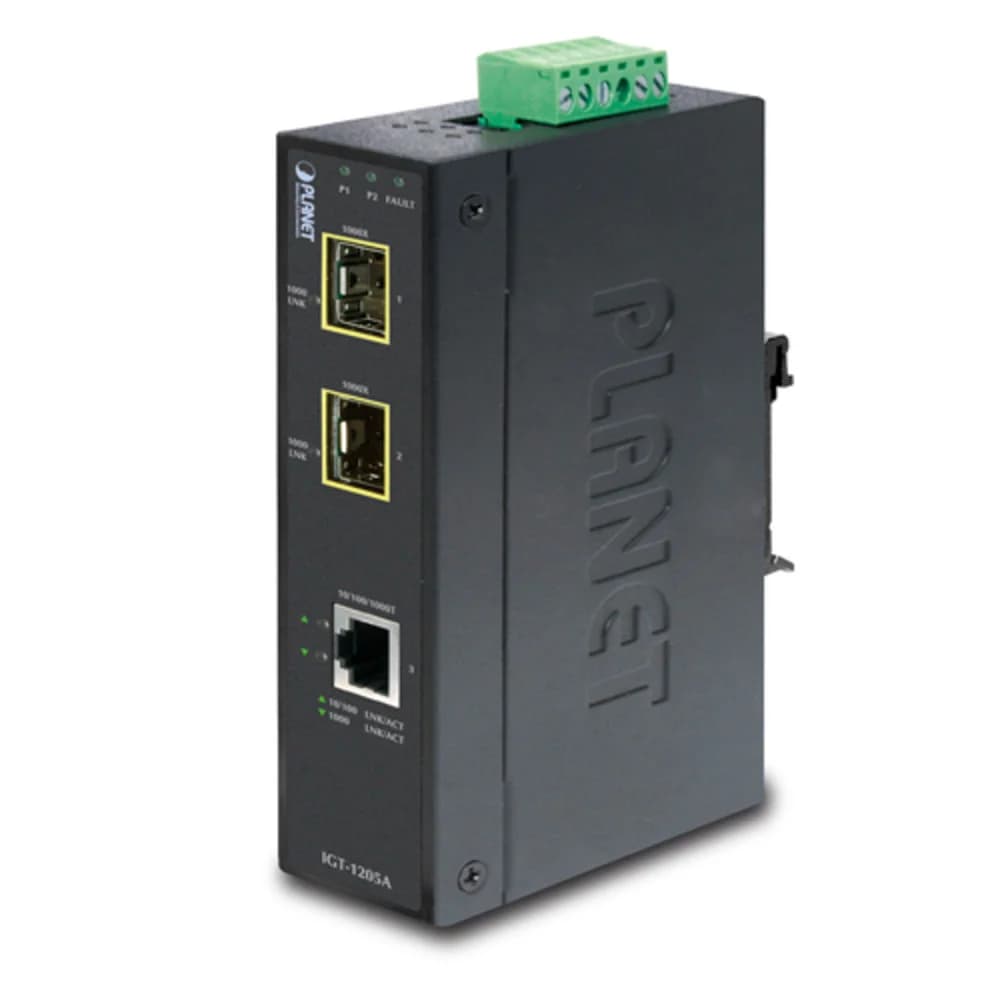 IP30 Industrial 10/100/1000T to 2-Port 100/1000X SFP Gigabit Media Converter (-40 to 75 degree C)