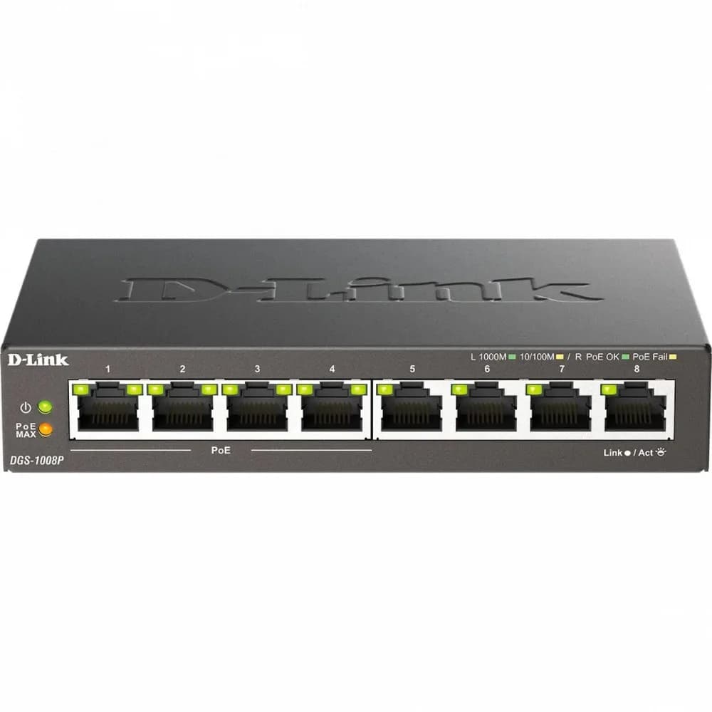 Коммутатор, D-Link, DGS-1008P/F3A, Неуправляемый, настольный, 8 портов 10/100/1000М, Корпус металл, 4 порта PoE 802.3af/at, PoE-бюджет 80 Вт