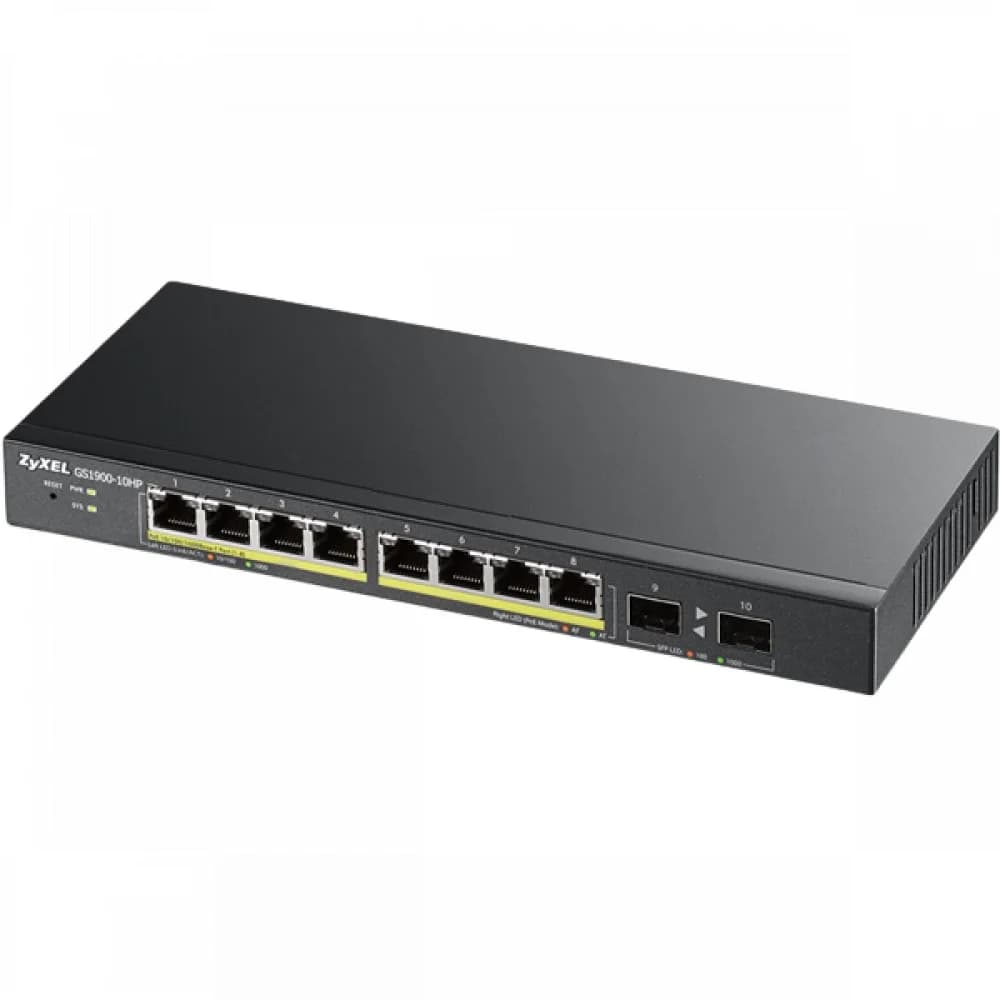 Smart L2 коммутатор PoE+ Zyxel GS1900-10HP, 8xGE PoE+, 2xSFP, настольный, бесшумный, бюджет PoE 77 Вт