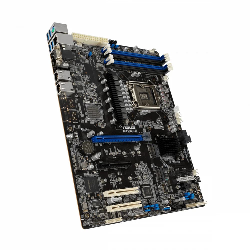 P12R-E ATX, LGA 1200, 4x DDR4 DIMM (to 128GB ECC UDIMM), 6x USB 3.0 (4 rear), 8x SATA (4 in MiniSAS HD), 1x PCIE x16/x8, 1x PCIE x8, 2x PCIE x8 (link x4), 2xM.2 22110, LAN 2x 1Gb, Video AST2600, IPM