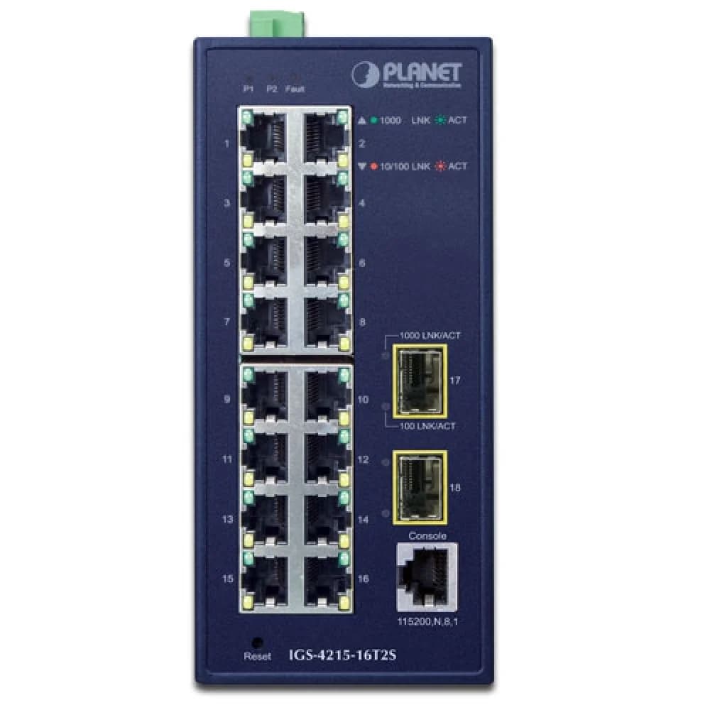 PLANET IGS-4215-16T2S IP30 Industrial L2/L4 16-Port 10/100/1000T + 2-Port 100/1000X SFP Managed Switch (-40~75 degrees C, dual redundant power input on 12~48VDC/24VAC terminal block)