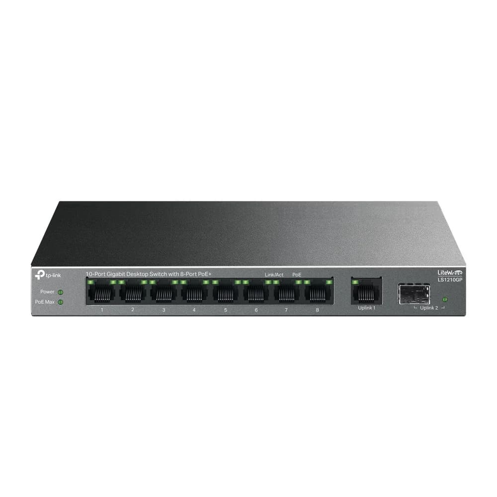 TP-Link LS1210GP, Настольный коммутатор с 9 гигабитными портами RJ45 (8 портов PoE+) и портом SFP, 802.3af/at, бюджет PoE — 61 Вт, до 250 метров