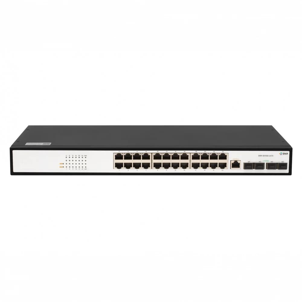 коммутатор SNR Управляемый коммутатор уровня 2+, 24 порта 10/100/1000Base-T, 4 порта 1/10G SFP+, встроенный БП ~220V AC