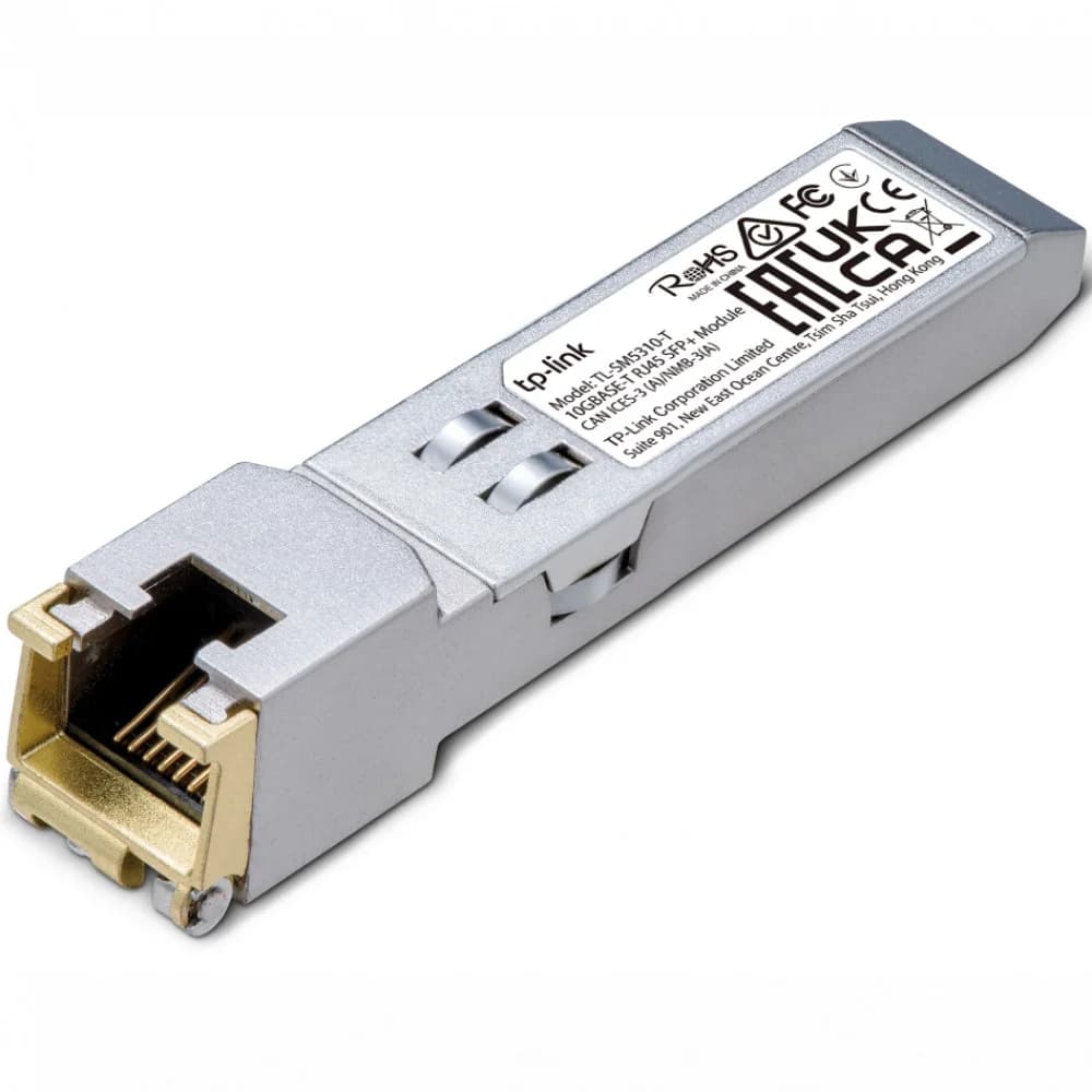 RJ45 транссивер 10GbE SFP+ Tp-Link TL-SM5310-T 10GBASE-T SFP модуль, 100BASE-TX / 1000BASE-T/ 2.5GBASE-T/ 5GBASE-T: неэкранированная витая пара категории 5e или выше (не более 100 метров) 10GBASE-T: