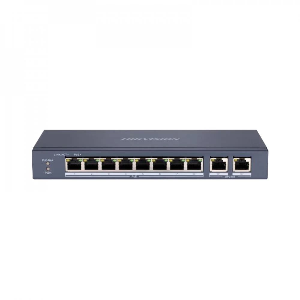 Коммутатор, Hikvision, DS-3E0310P-E/M(B), 8 x 10/100 Mbps PoE, 2 х1000 Mbps, 8 портов PoE, 802.3/802.3u/ 802.3x/802.3z/ 802.3ab 60W, Настольный, Метал, Метал