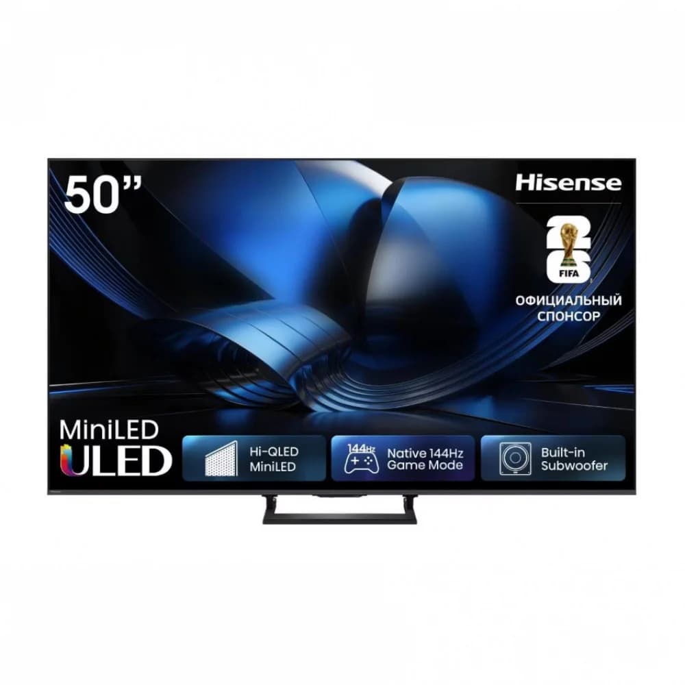 Телевизор ЖК 50'' Hisense/ 50", Ultra HD, Mini LED, VA, Local Dimming Zones 144, VRR 144Hz, Smart TV (HomeOS U9), Wi-Fi, DVB-T2/T/C/S2/S, HDR 10+, Dolby Vision, Dolby Atmos, Bluetooth, 2.1ch 2*10W(M