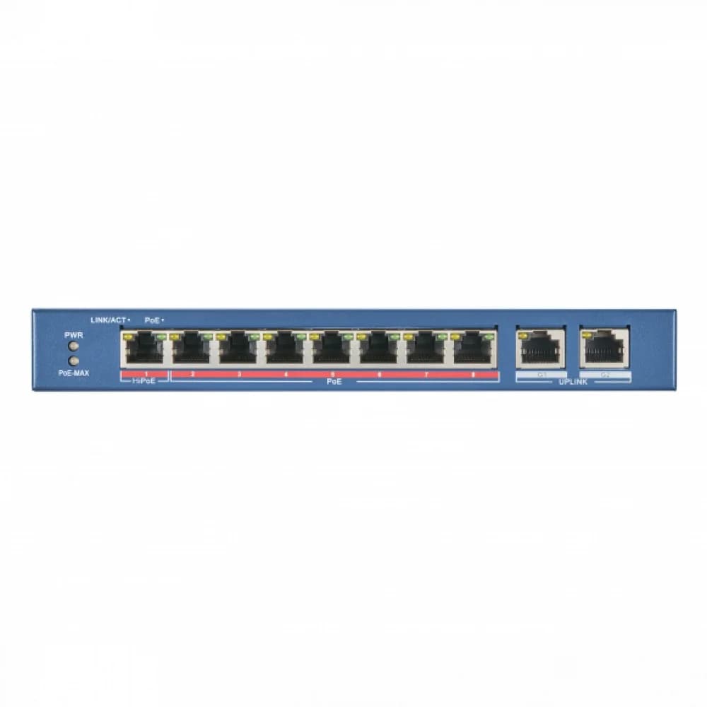 8 RJ45 100M PoE с грозозащитой 6кВ, 2 Uplink порт 1000М Ethernet, бюджет PoE 60Вт, поддерживают режим передачи до 300 м, IEEE802.3af IEEE802.3at 48 VDC 1.35 A -10 C...+40C.