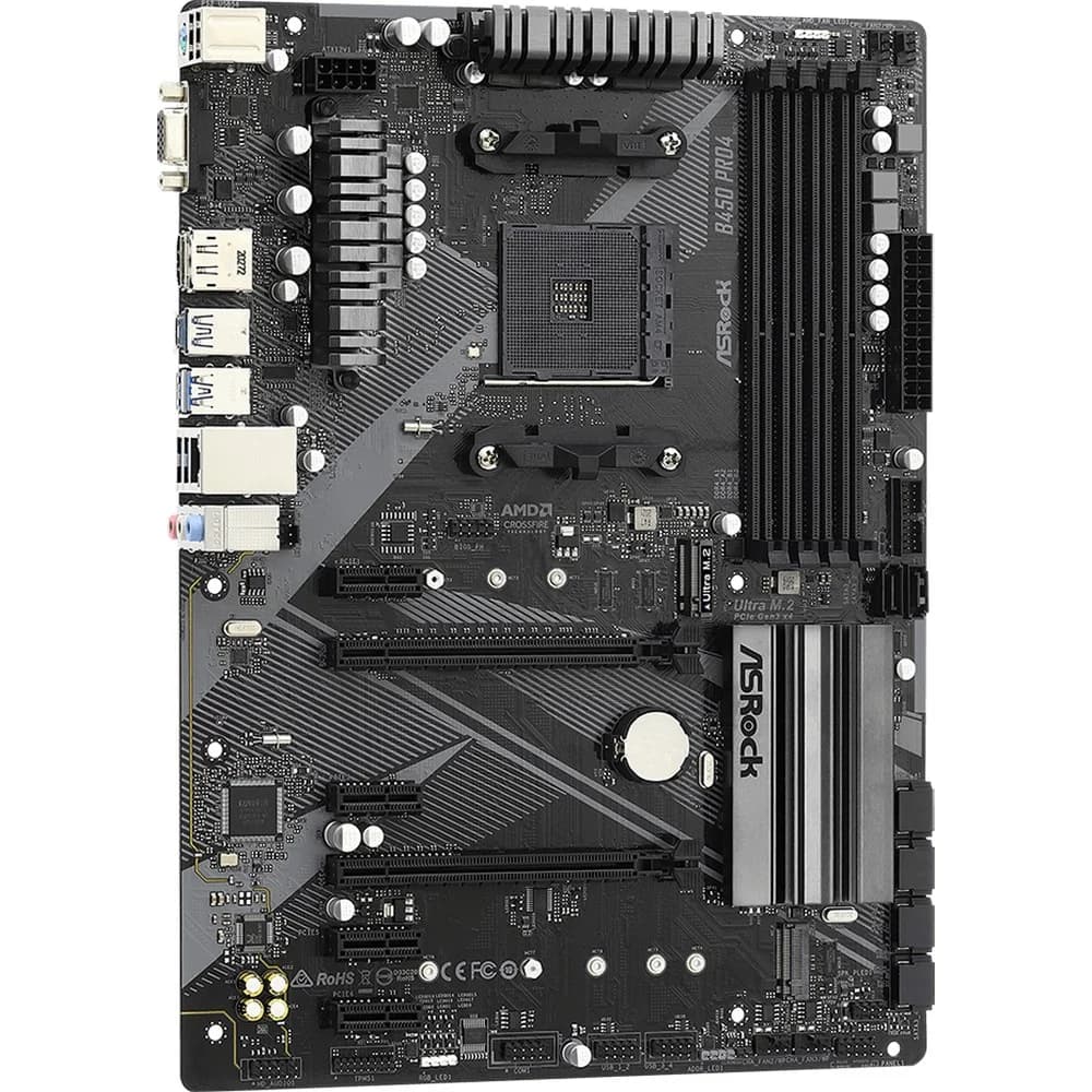 B450 PRO4 R2.0, Socket AM4, AMD B450, 4xDDR4-2667, D-SUB+HDMI+DP, 2xPCI-Ex16, 4xPCI-Ex1, 6xSATA3(RAID 0/1/10), 2xM.2, 8 Ch Audio, GLan, (2+4)xUSB2.0, (5+2)xUSB3.2, 1xUSB3.2 Type-C™, 1xPS/2, ATX, RTL