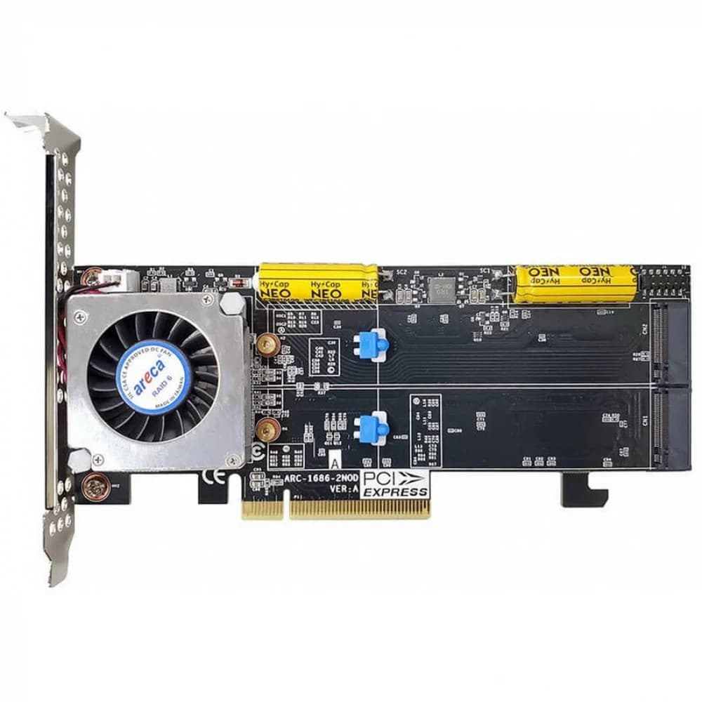 ARC-1686-2NOD PCIe 4.0 x8 Low Profile, 2 x M.2 Connector, Tri-mode interface at each M.2 bays - 12Gb/s SAS/SATA / Gen 4.0 PCIe (NVMe), RAID 0,1,10,JBOD, Hold-up Supercapacitor Onboard, RTL