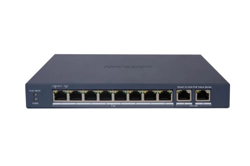 Коммутатор, Hikvision, DS-3E1310P-EI/M, Неуправляемый, 8 x 10/100 Mbps 2 x 1000 Mbps, 8 портов PoE, 802.3af/802.3at VLAN 802.1Q, 60W, Настольный, Метал