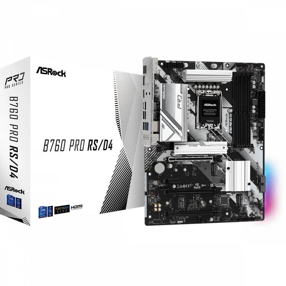 Материнская плата, ASRock, B760 PRO RS/D4 (4710483942075), LGA1700, iB760, 4xDDR4 3200/5333+(OC), 4xSATA3, 3xM.2 (2*PCI-E 4.0x4, 1*PCI-E 4.0x2), Raid, 1xDP, 1xHDMI, 3xPCI-Ex16, 1xPCI-Ex1, ATX