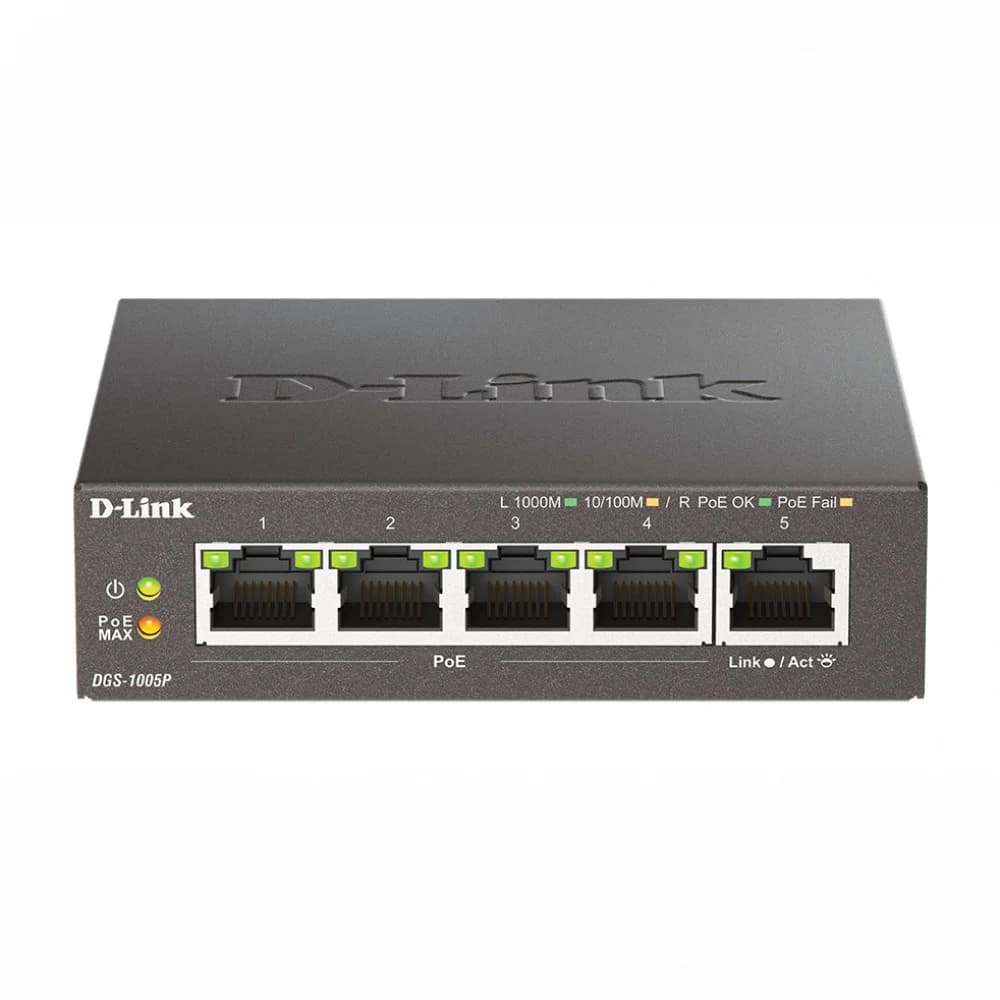 Коммутатор, D-Link, DGS-1005P/B3A, Настольный, неуправляемый, 5 портов 10/100/1000M RJ45, (4 порта PoE 802.3af/at, PoEбюджет 60 Вт)