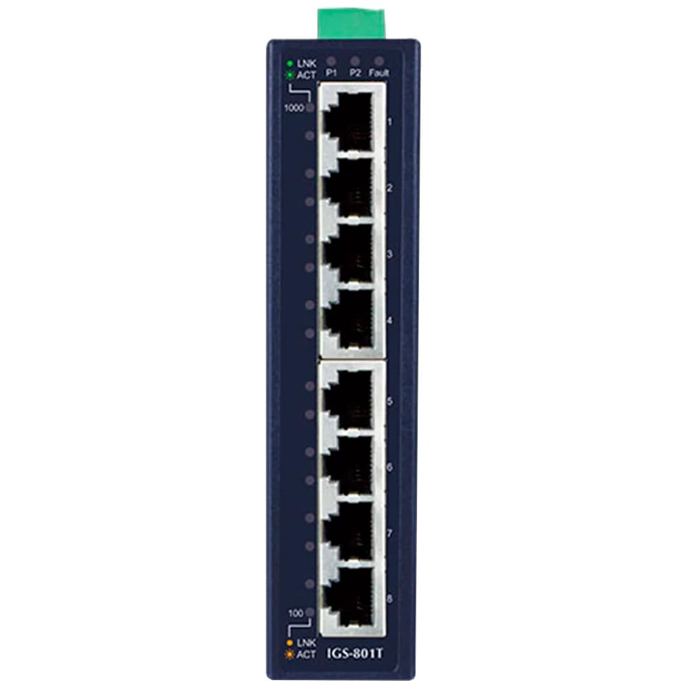 Коммутатор, Planet, IGS-801T, Промышленный, 8 портов 10/100/1000T RJ45, Корпус металл