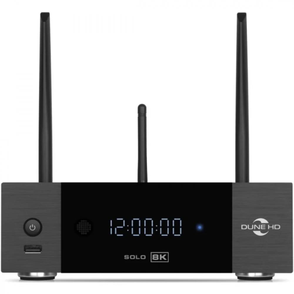 Mediaplayer Dune HD Solo 8K: 8K/60 Hz/Dolby Vision/HDR10+/HDR, CPU Amlogic S9284-K/J, RAM 8 Gb, Flash 64 Gb, 3xUSB3.0, 1xUSB2.0, 1хUSB3.0 Slave, HDD SATA 3.5", LAN 1000Mb/s, WiFi 802.11ax, BT 5.2, H