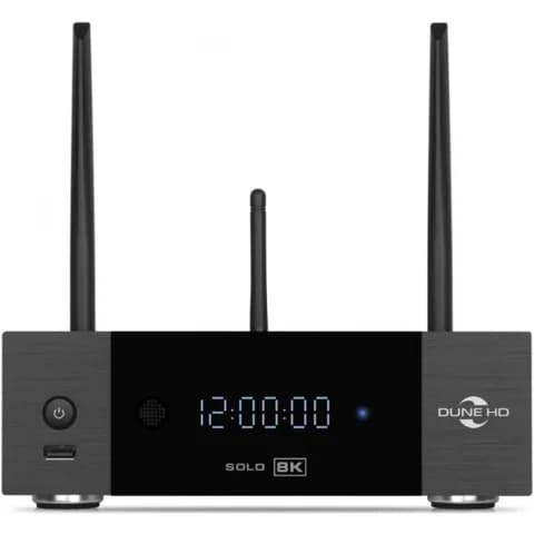 Mediaplayer Dune HD Solo 8K: 8K/60 Hz/Dolby Vision/HDR10+/HDR, CPU Amlogic S9284-K/J, RAM 8 Gb, Flash 64 Gb, 3xUSB3.0, 1xUSB2.0, 1хUSB3.0 Slave, HDD SATA 3.5", LAN 1000Mb/s, WiFi 802.11ax, BT 5.2, H