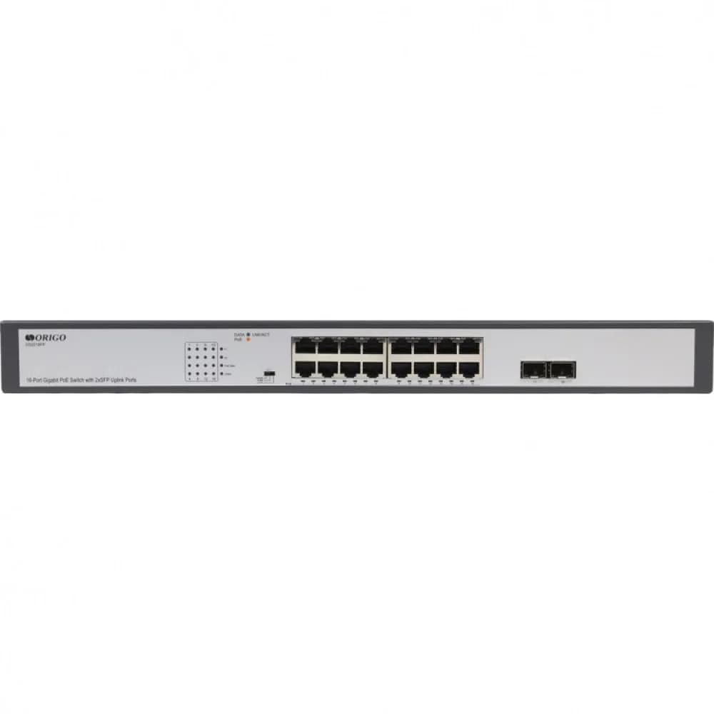 Коммутатор ORIGO Неуправляемый PoE-коммутатор, 16x1000Base-T PoE, 2x1000Base-X SFP, PoE-бюджет 250 Вт, PoE до 250 м, комплект для установки в 19" стойку