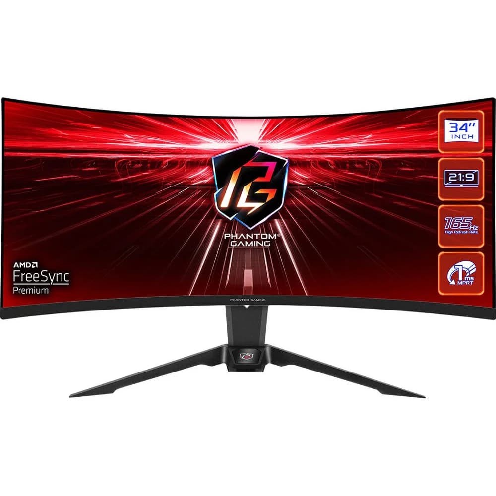 Геймерский Профессиональный Монитор из серии PHANTOM GAIMING 34" ASRock PG34WQ15R2B VA 3440x1440@165Hz 1мс 300cd/m2 3000:1 Curved 1500R, HDR 400, 2xHDMI DP Встроенные колонки 2Wx2, Регулировка высот