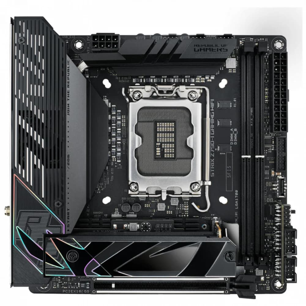 ASUS ROG STRIX Z790-I GAMING WIFI (Socket 1700, mini ITX, 2xDDR5(96GB), HDMI, 1xPCIe 5.0x16, 1xLAN (2.5GbE), Wi-Fi, BT, 2xSATA 6Gb/s, 2xM.2, 2xThunderbolt 4 , 1xType-C, 4xUSB 3.2, 2xUSB 2.0)