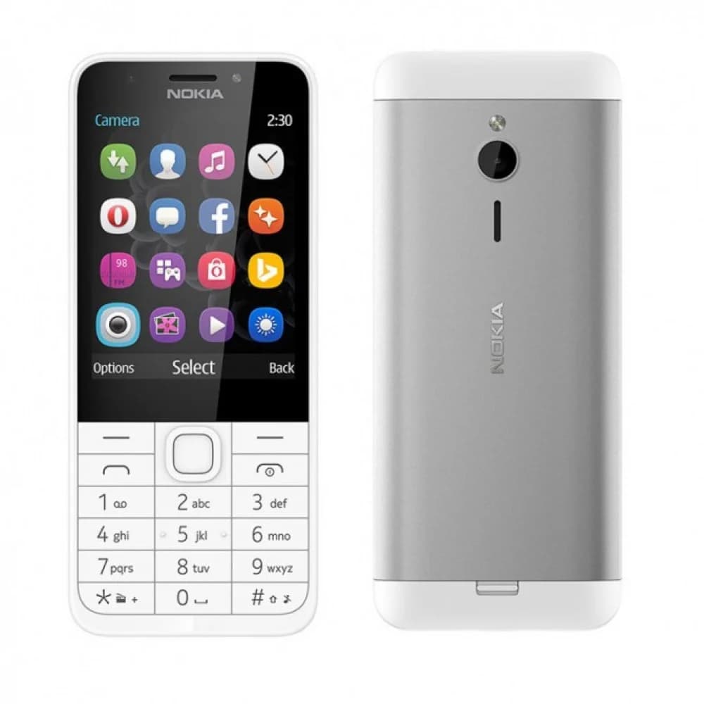 Мобильный телефон Nokia 230 DS, 16MbRAM, 2.8", 320x240/BT/microUSB/microSD, 2xSIM, White-Silver