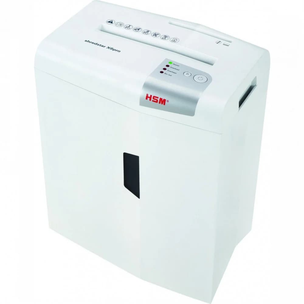 Уничтожитель документов HSM Shredstar X6, 2.0x15 WHITE (перекрестный, P-5, уничтожает 6 листов, корзина 20л, реверс, остановка при заполнении, защита от перегрева, скерпки, скобы, CD, пластиковые ка