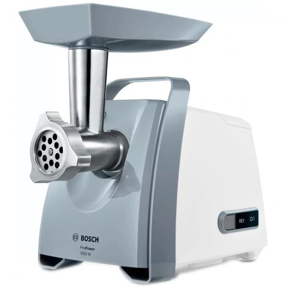 Мясорубка Bosch/ 500/1600Вт, комплект: 2 диска, кебаб, колбаски, цвет: белый/серый фронт