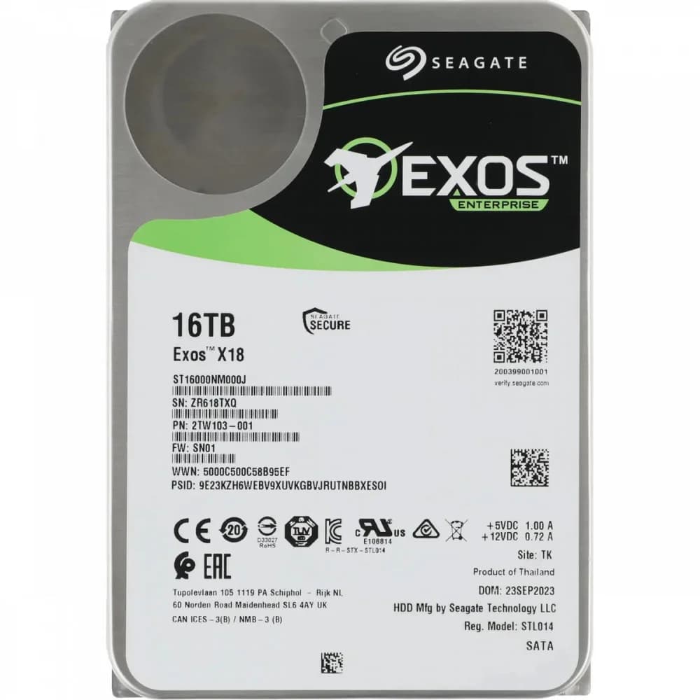 Жесткий диск SATA 16TB EXOS X18 7200RPM 6GB/S 256MB ST16000NM000J SEAGATE OFFICIAL FACTORY RECERTIFI