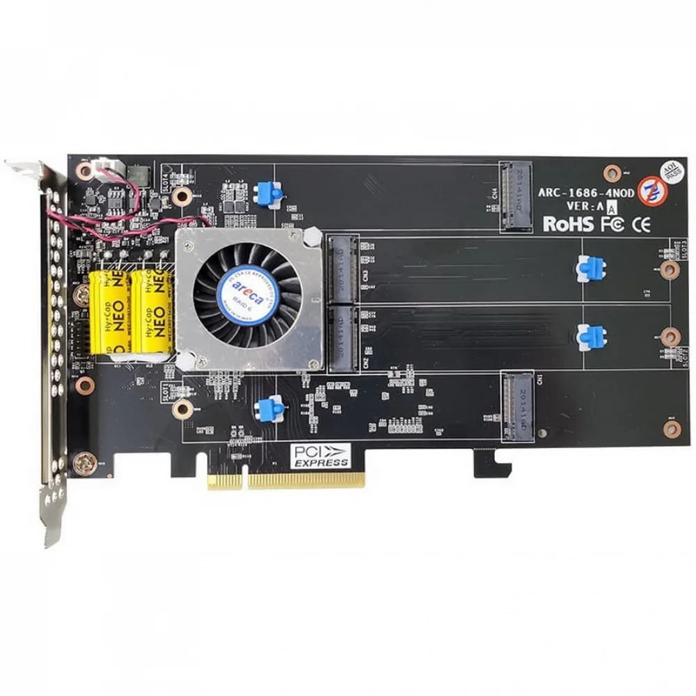 RAID-контроллер Areca ARC-1686-4NOD PCIe 4.0 x8 Full Height, 4 x M.2 Connector, Tri-mode interface at each M.2 bays - 12Gb/s SAS/SATA / Gen 4.0 PCIe (NVMe), RAID 0,1,10,JBOD, Hold-up Supercapacitor